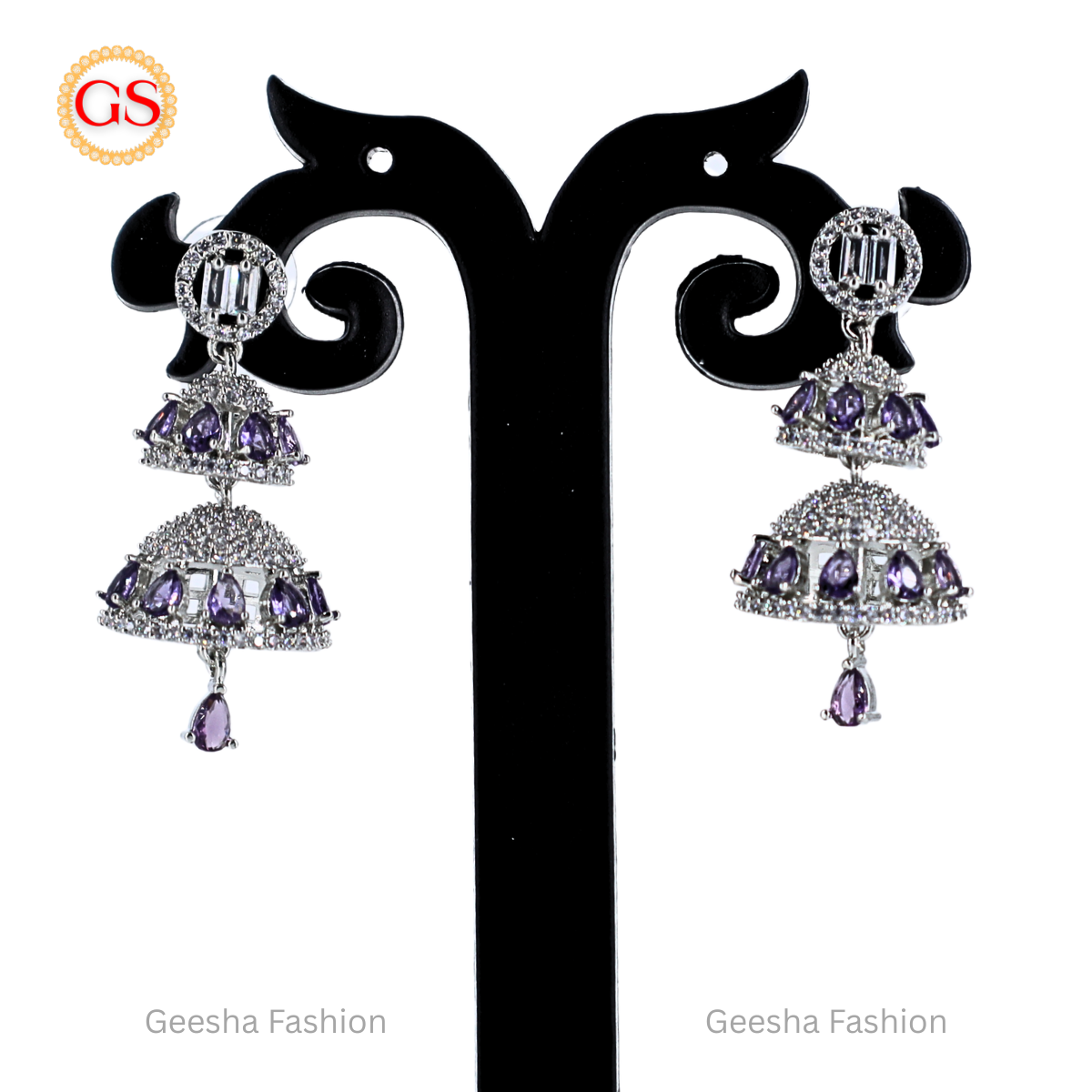 Triple Layered Silver-Plated American Diamond Jhumka with Royal Purple Stones – Regal Ethnic Elegance