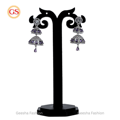Triple Layered Silver-Plated American Diamond Jhumka with Royal Purple Stones – Regal Ethnic Elegance