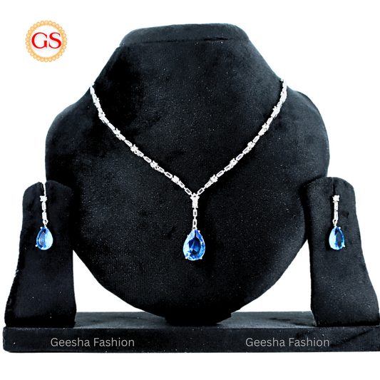 Royal Blue Teardrop Crystal Necklace & Earrings Set | Silver Plated American Diamond Jewelry for Women (Back Chain Included)