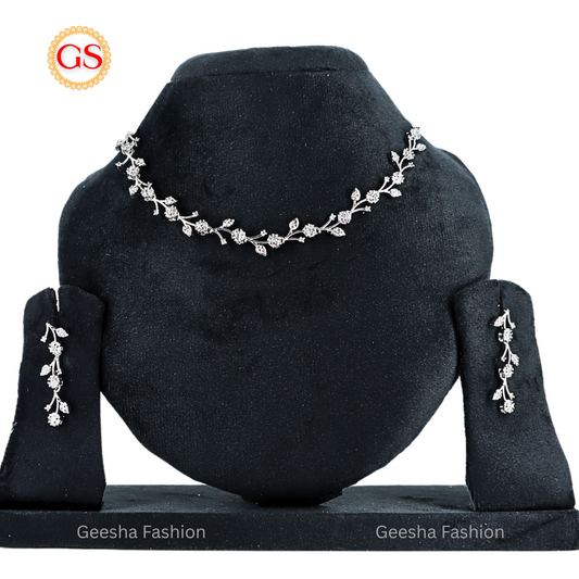 Delicate Vine Leaf Crystal Necklace & Earrings Set | Silver Plated American Diamond Jewelry for Women (Back Chain Included)
