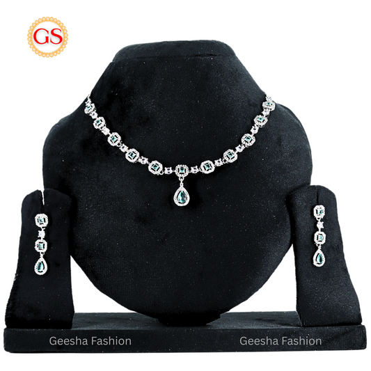 Elegant Mint Green Drop Silver Plated American Diamond Necklace & Earrings Set for Women (With Back Chain)