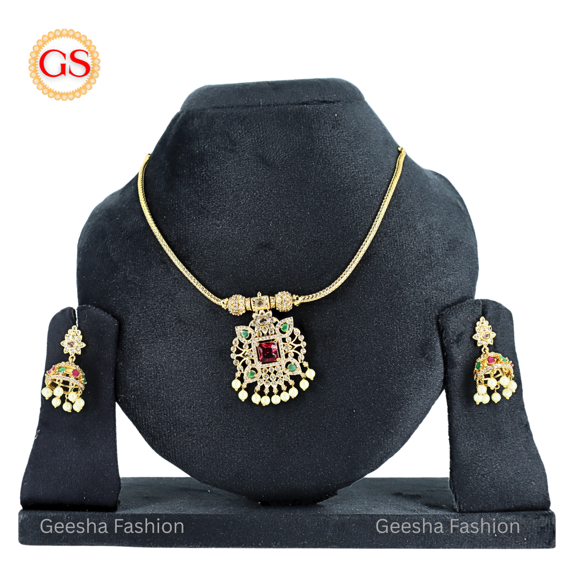 Antique Design American Diamond Necklace Set with Red, Green & White Stones and Matching Earrings – Elegant Back Chain Included