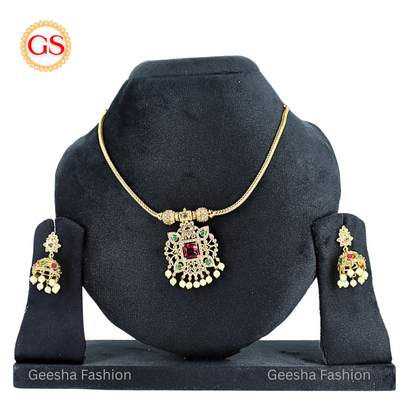 Antique Design American Diamond Necklace Set with Red, Green & White Stones and Matching Earrings – Elegant Back Chain Included