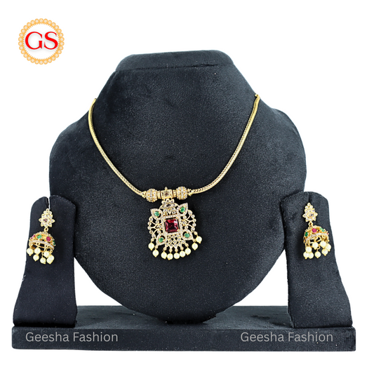 Antique Design American Diamond Necklace Set with Red, Green & White Stones and Matching Earrings – Elegant Back Chain Included