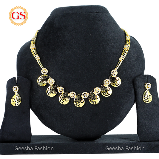 Premium Quality Mango Design Gold-Plated American Diamond Necklace Set with Earrings – Traditional Indian Jewelry with Back Chain