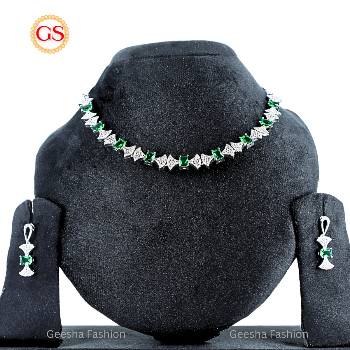 Royal Emerald Radiance Silver-Plated American Diamond Necklace Set with Earrings – Elegant Fan Motif & Back Chain Included