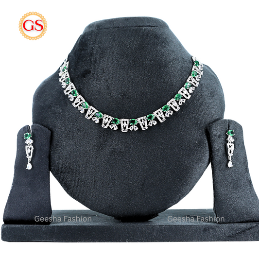 Silver-Plated Emerald Elegance Deco Design American Diamond Necklace Set with Earrings – Includes Back Chain