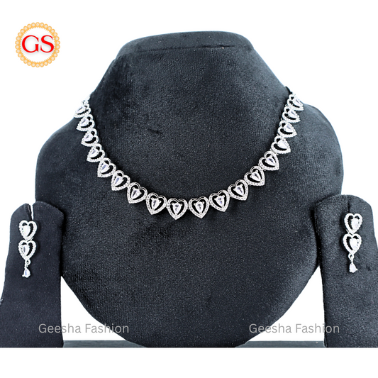 Heart-in Design Silver-Plated American Diamond Necklace Set with White Stones & Earrings – Includes Back Chain