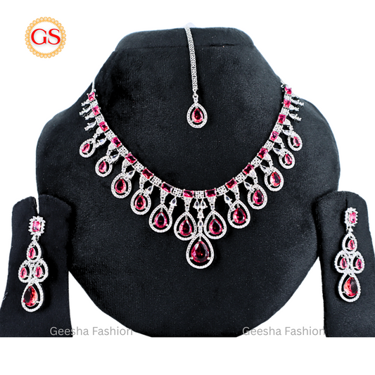 Royal Ruby Rainfall Motif American Diamond Bridal Jewelry Set with Earrings & Tikka – Back Chain Included