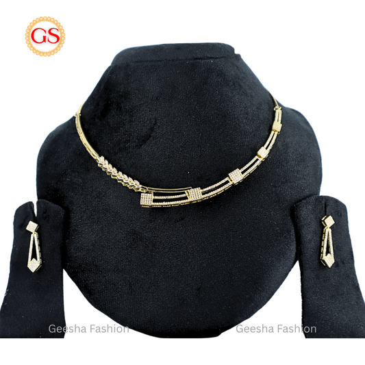 Modern Gold Plated Geometric Necklace & Earrings Set for Women | Elegant Party & Wedding Wear Jewelry with Back Chain