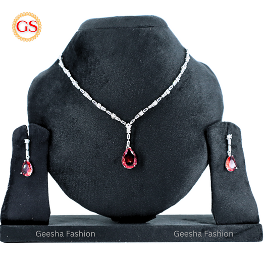 Elegant Ruby Red Crystal Necklace & Earrings Set | Silver Plated American Diamond Jewelry for Women (Back Chain Included)