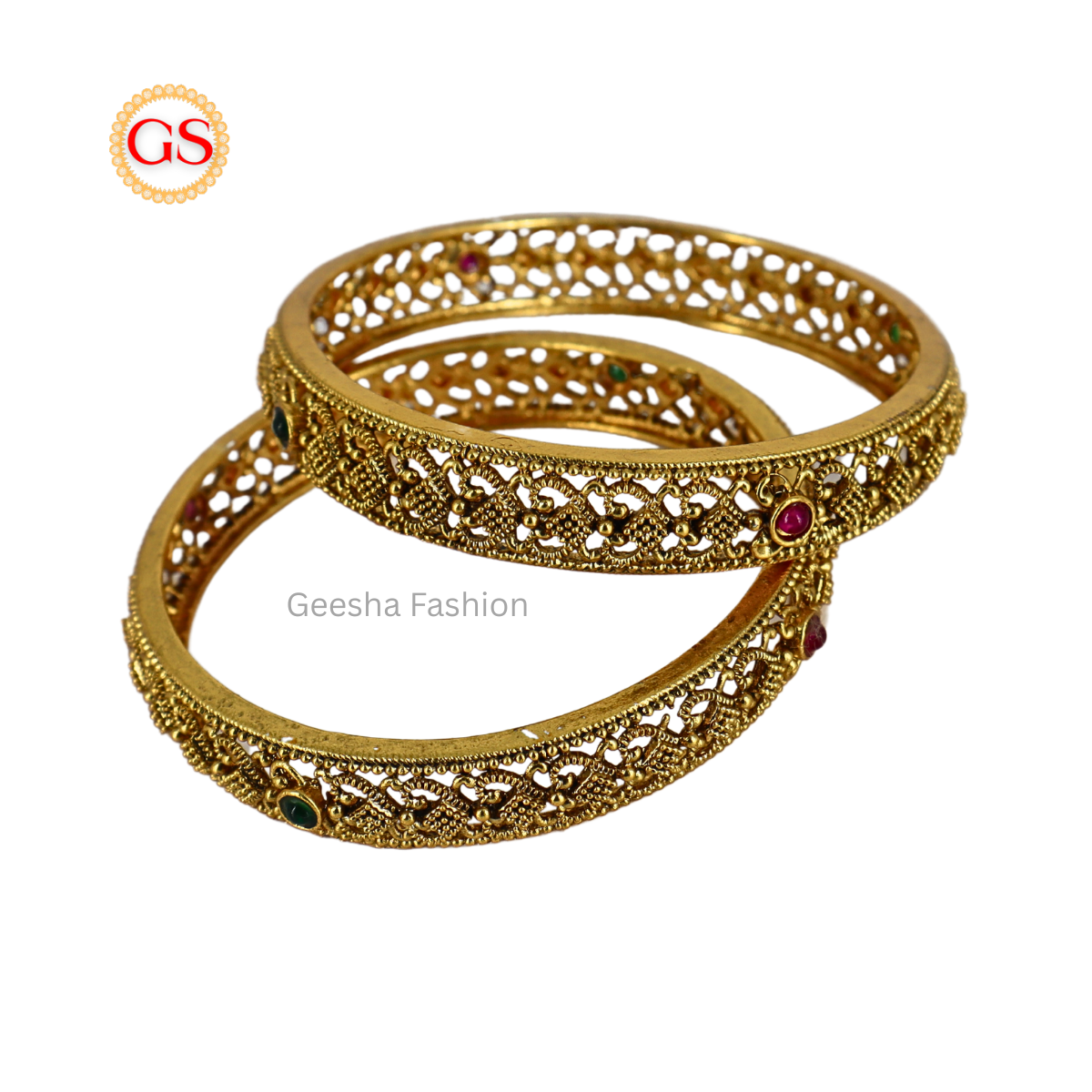 Red And Green Stone Heart Design Antique Banlges