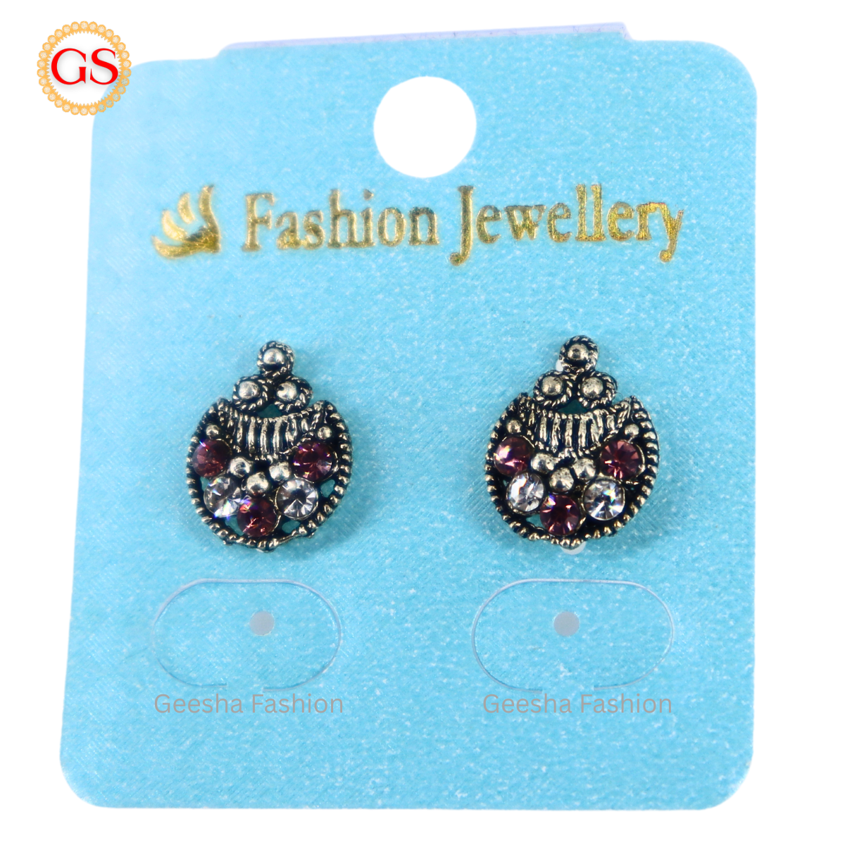 Baby Pink And White Stones Moon Design Oxidized Earrings