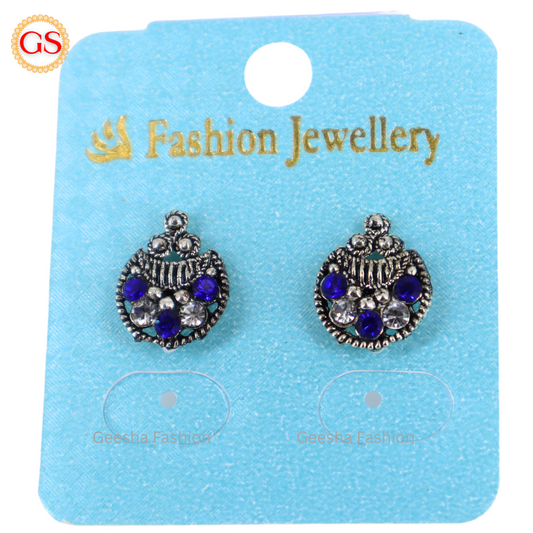 Blue And White Stones Moon Design Oxidized Earrings