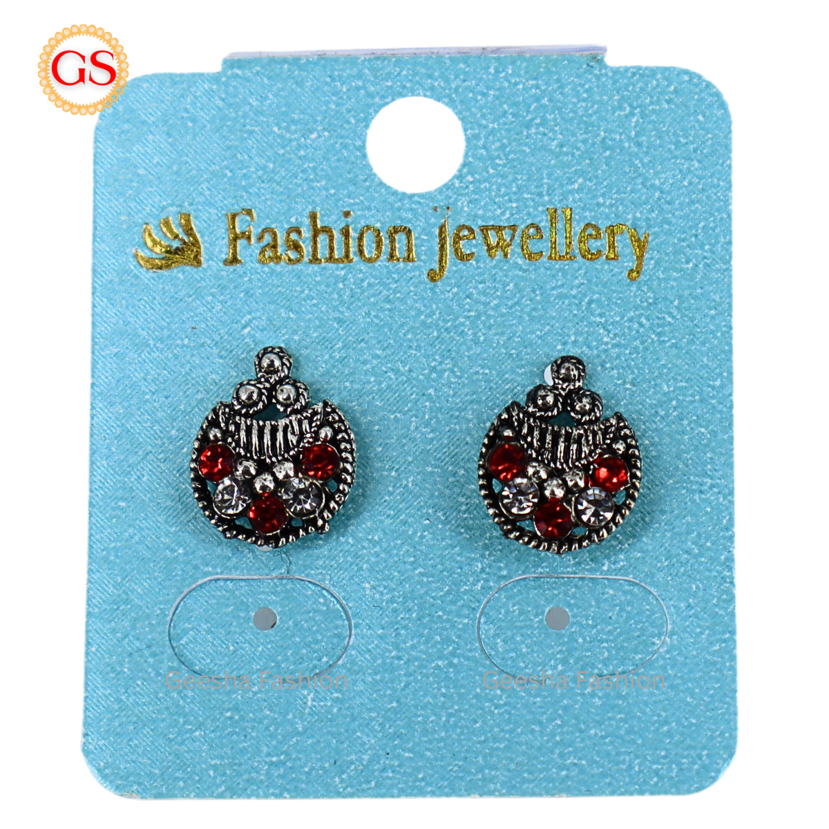 Red And White Stones Moon Design Oxidized Earrings