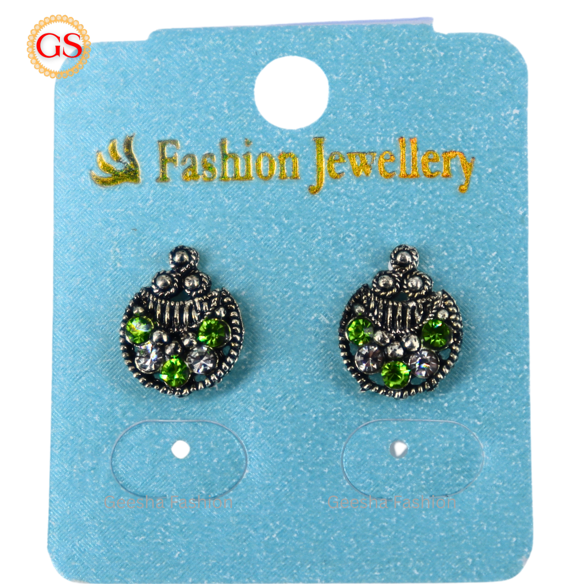 Green And White Stones Moon Design Oxidized Earrings
