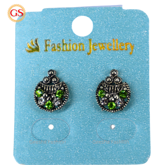 Green And White Stones Moon Design Oxidized Earrings
