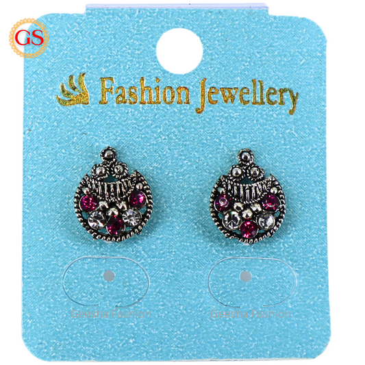 Dark Pink And White Stones Moon Design Oxidized Earrings