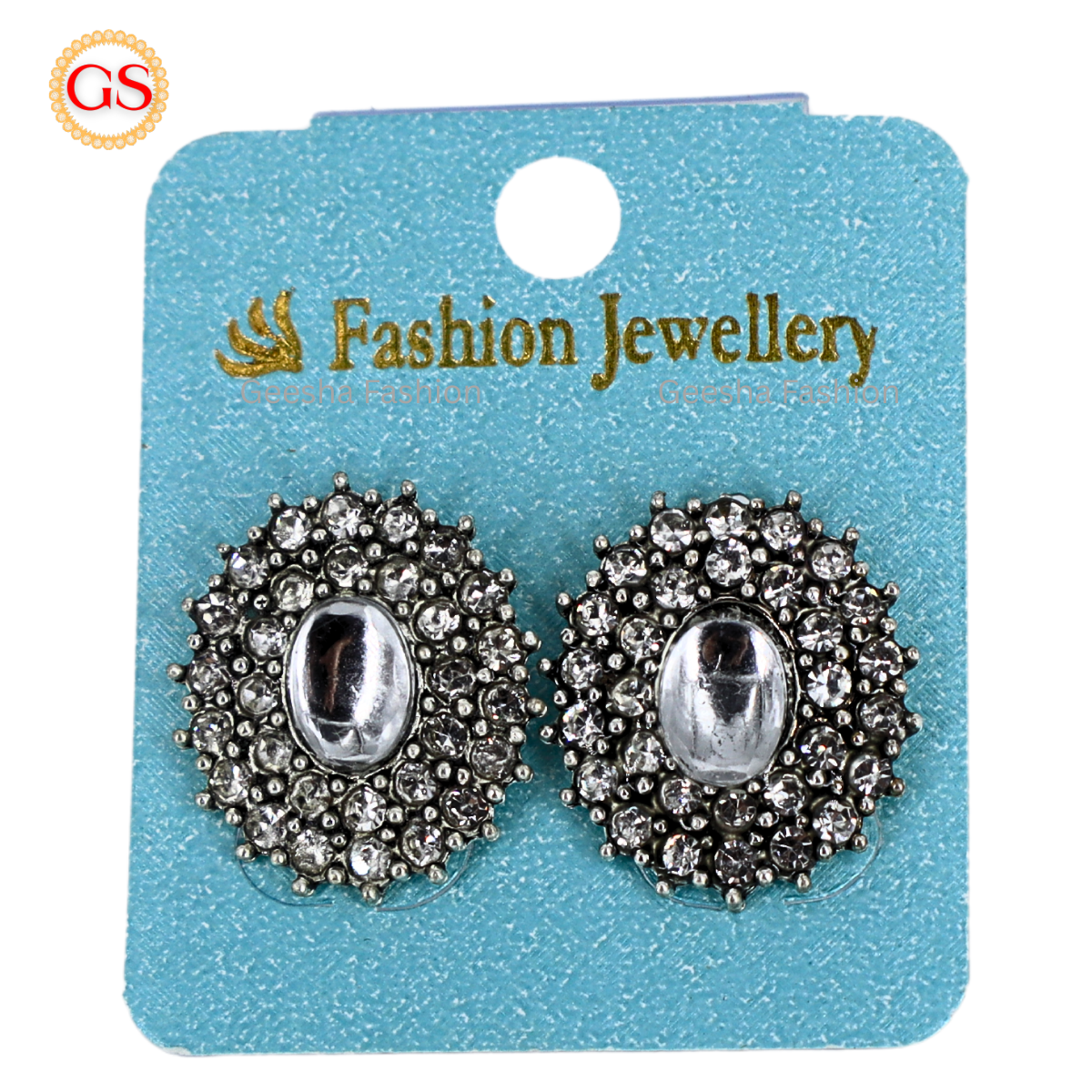 Silver Tone Oval Stud Earrings with Crystal Accents