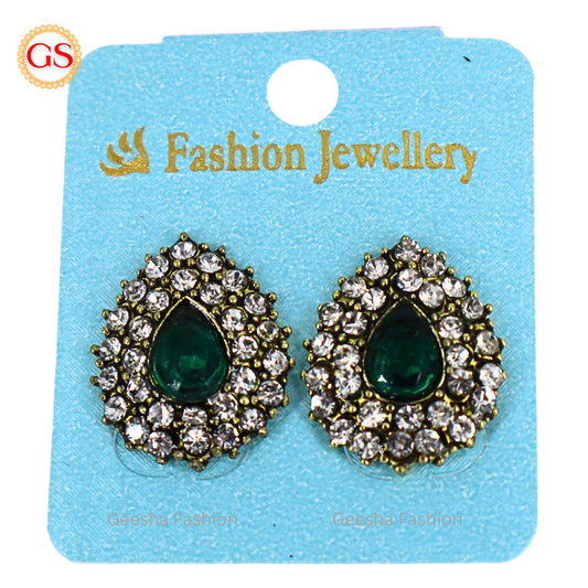 Green And White Stones Oxidized Earrings