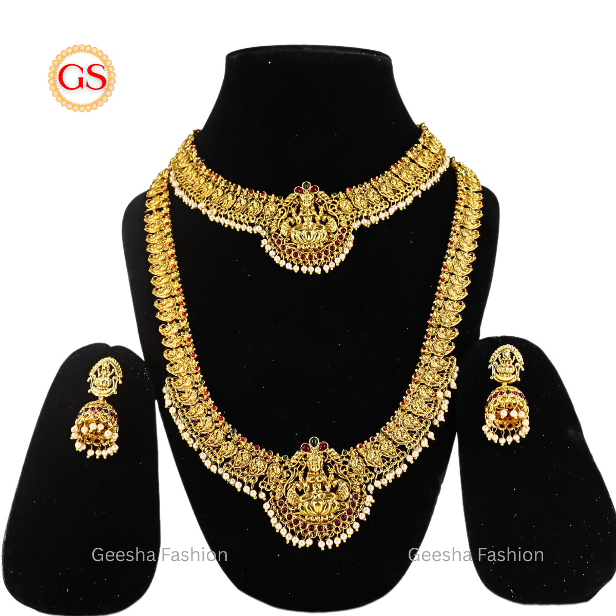 God and Mango Design Antique Haram, Necklace, and Earrings Set with Pearl Beads