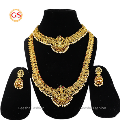 God and Mango Design Antique Haram, Necklace, and Earrings Set with Pearl Beads