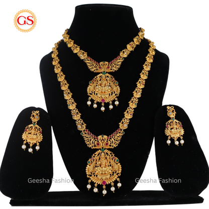 Peacock And Lakshmi Design Matte Haram, Necklace And Earrings Set With Pearl Beads