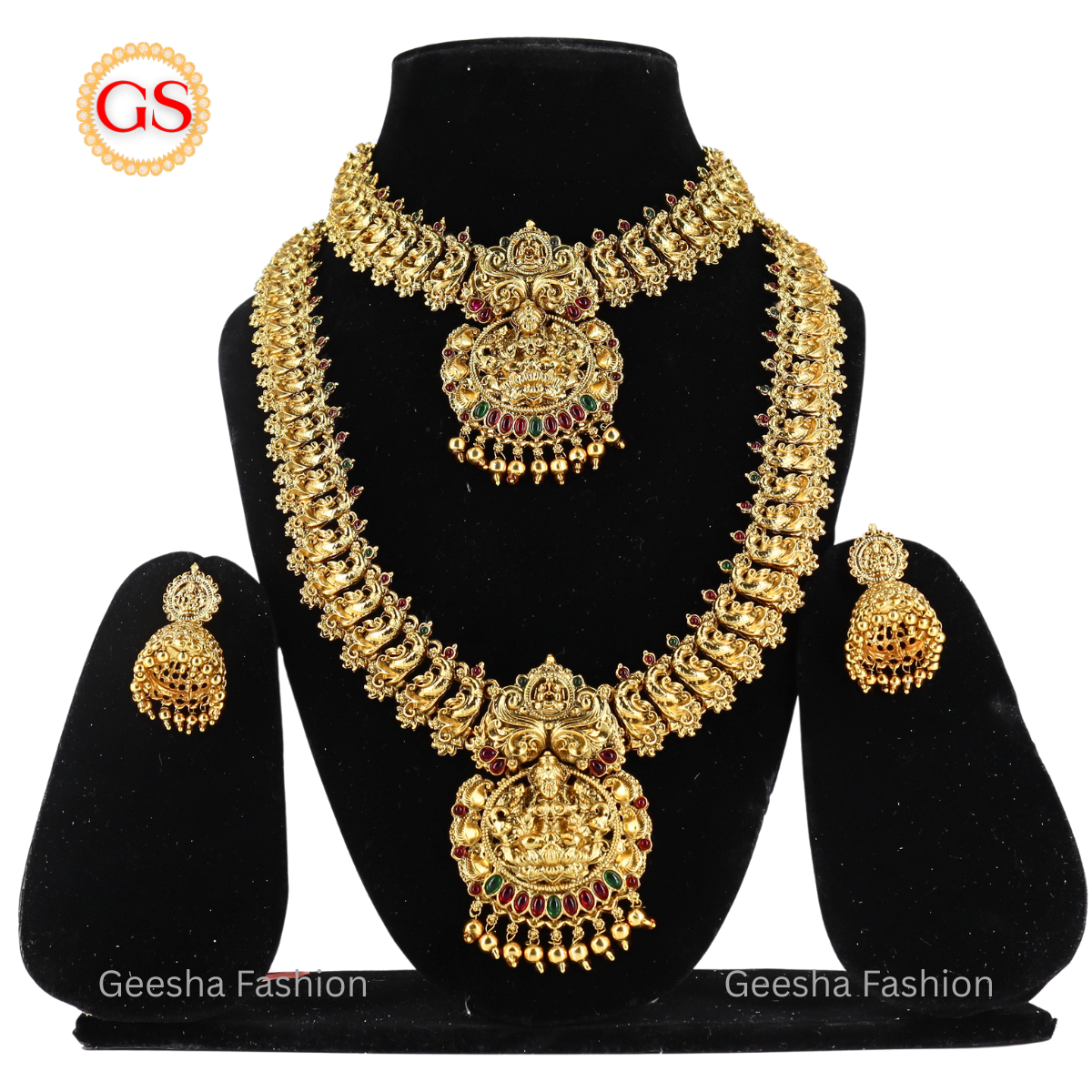 Peacock And Lakshmi Design Antique Haram, Necklace And Jumka Set With Golden Beads