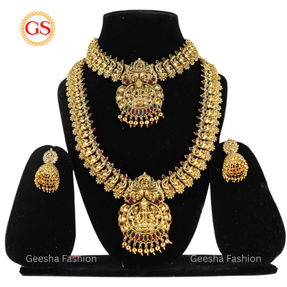 Peacock And Lakshmi Design Antique Haram, Necklace And Jumka Set With Golden Beads