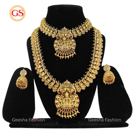 Peacock And Lakshmi Design Antique Haram, Necklace And Jumka Set With Golden Beads