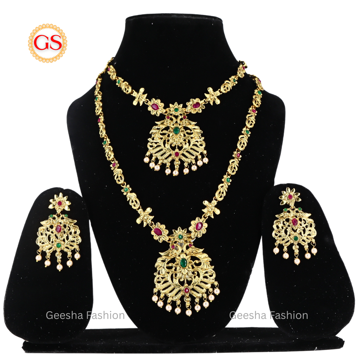 Flower And Peacock Design Antique Haram, Necklace And Earrings Set With Pearl Beads