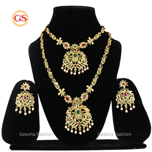 Flower And Peacock Design Antique Haram, Necklace And Earrings Set With Pearl Beads