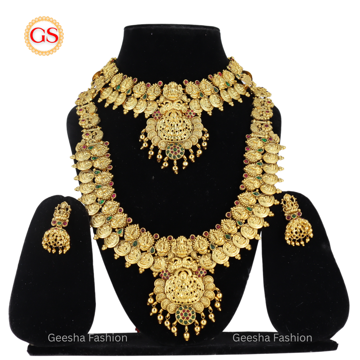 Lakshmi Coin And Peacock Design Multicolour Stone Antique Haram, Necklace And Earrings Set With Golden Beads