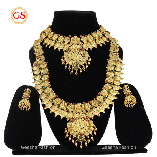 Lakshmi Coin And Peacock Design Multicolour Stone Antique Haram, Necklace And Earrings Set With Golden Beads