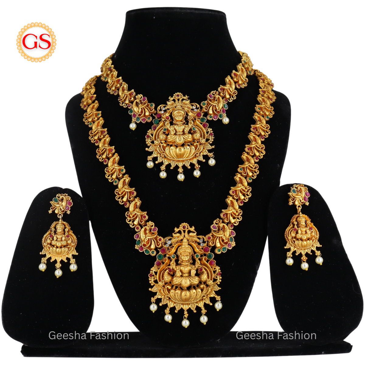 Lakshmi and Peacock Design Matte Haram, Necklace And Earrings Set With Pearl Beads
