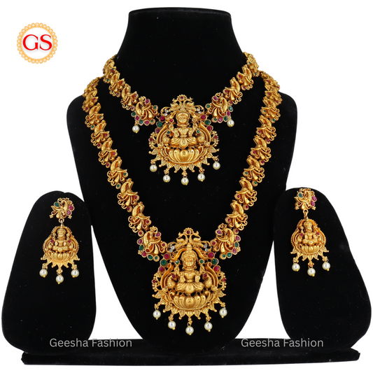 Lakshmi and Peacock Design Matte Haram, Necklace And Earrings Set With Pearl Beads