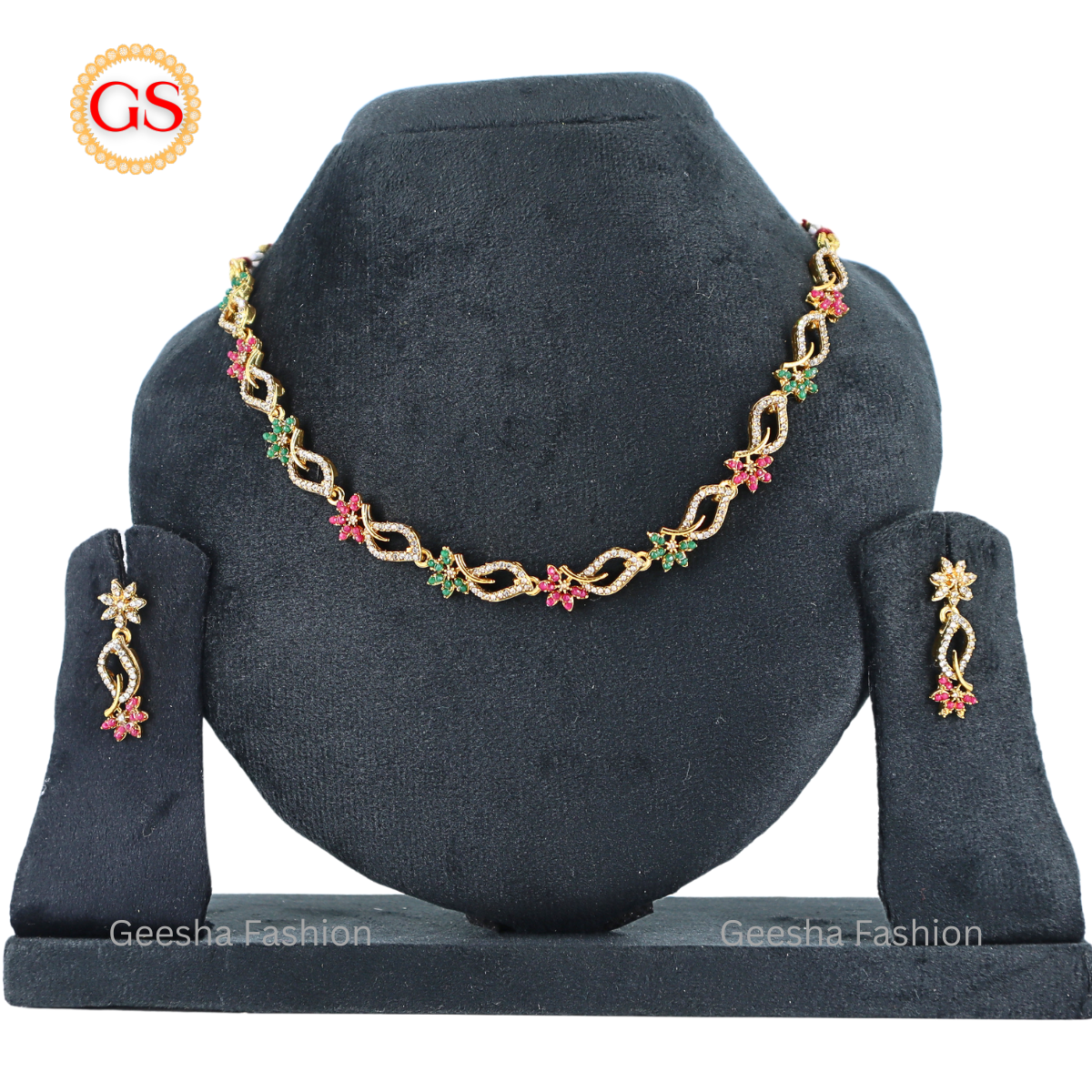 Multicolour Stones Flower And Leaf Design Necklace And Earrings Set