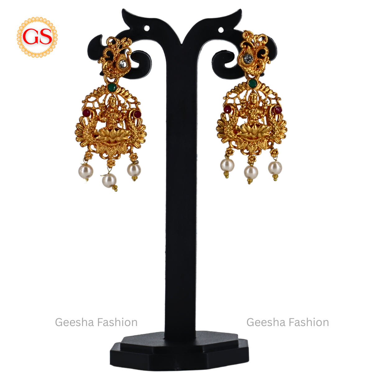 Peacock And Lakshmi Design Matte Haram, Necklace And Earrings Set With Pearl Beads