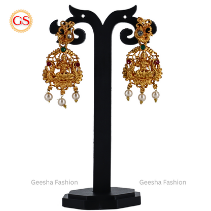 Peacock And Lakshmi Design Matte Haram, Necklace And Earrings Set With Pearl Beads