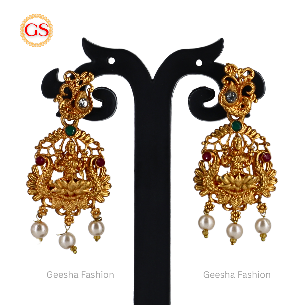 Peacock And Lakshmi Design Matte Haram, Necklace And Earrings Set With Pearl Beads