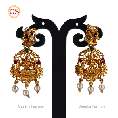 Peacock And Lakshmi Design Matte Haram, Necklace And Earrings Set With Pearl Beads