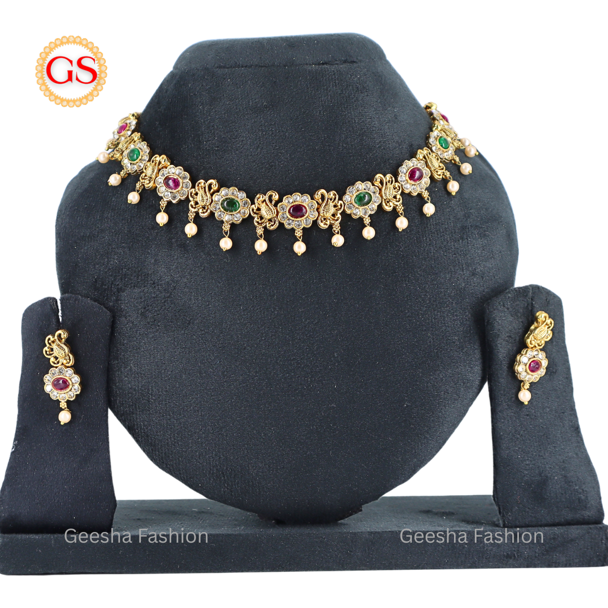 Multicolour Flower And Peacock Design Antique Necklace And Earrings Set With Pearl Beads