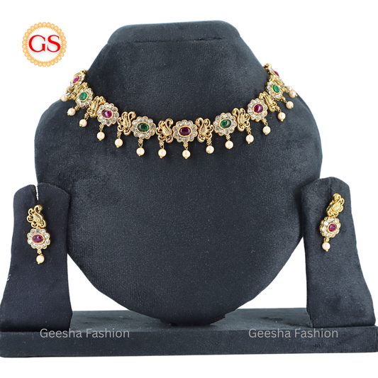 Multicolour Flower And Peacock Design Antique Necklace And Earrings Set With Pearl Beads