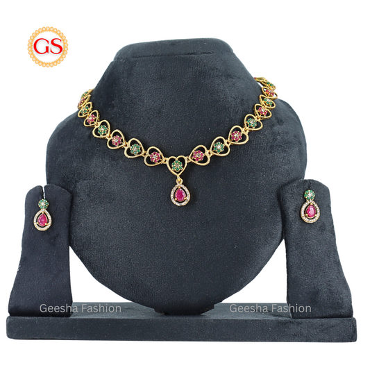 Multicolour Heart Design Gold Plated Necklace And Earrings