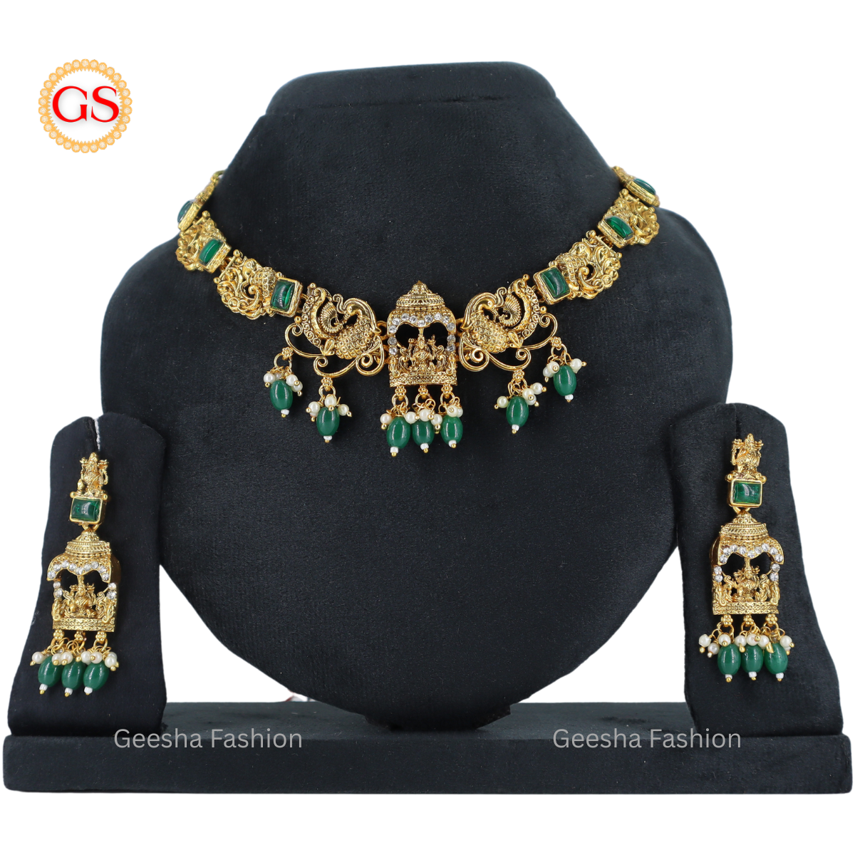 Chariot And Peacock Design Antique Necklace And Earrings With Green Stones And Beads