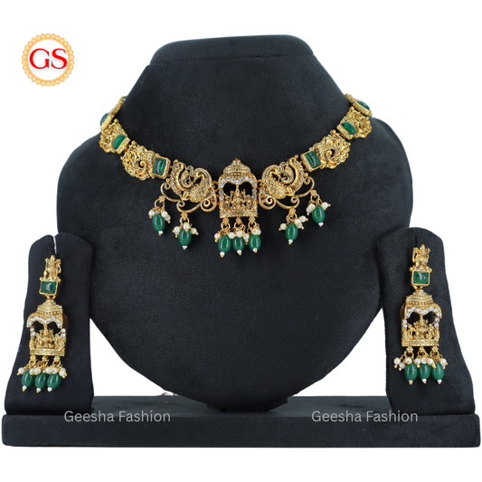 Chariot And Peacock Design Antique Necklace And Earrings With Green Stones And Beads