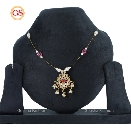 Red And White Kundan Stone Invisible Chain with White beads