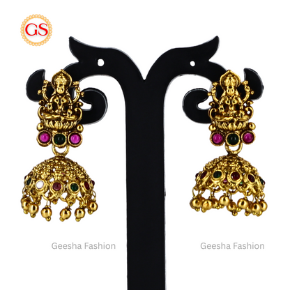 Lakshmi Coin And Peacock Design Multicolour Stone Antique Haram, Necklace And Earrings Set With Golden Beads