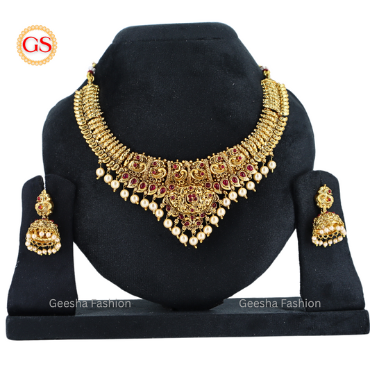 Peacock Design Antique Necklace and Jumka With Pearl Beads