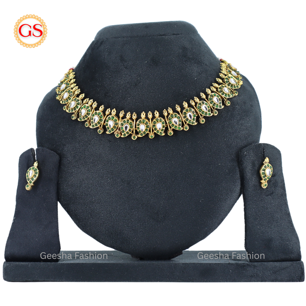Green Kundan Stones Mango Design Necklace And Earrings
